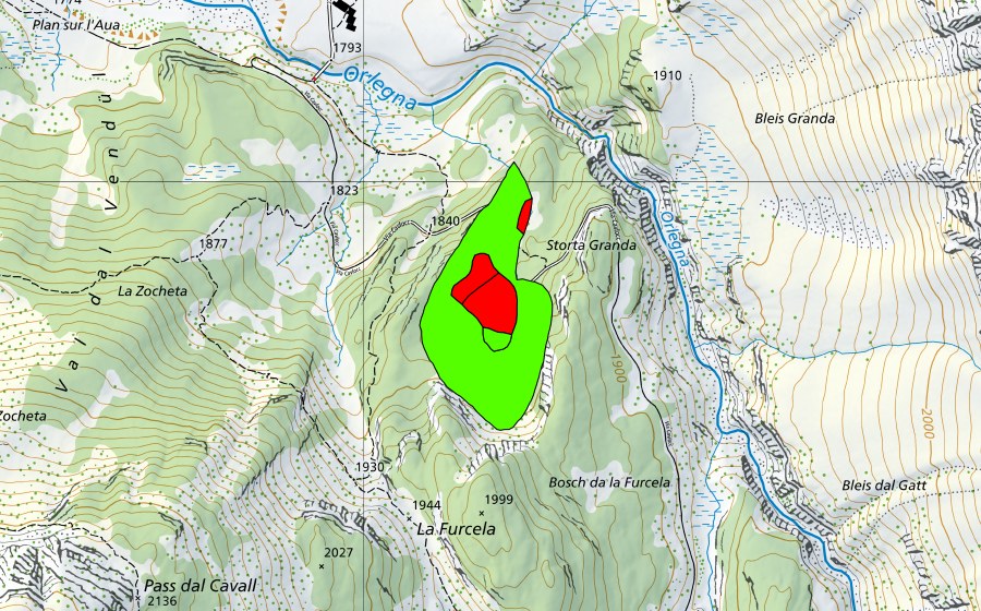 Landeskarte swisstopo mit dem Schutzperimeter von Bosch da la Furcela (Hochmoor)