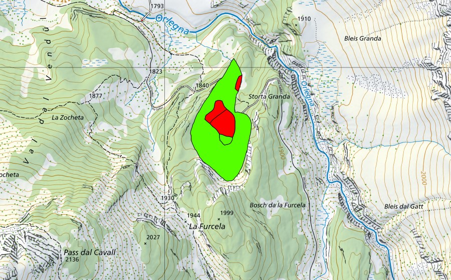 swisstopo national map showing the protected perimeter of Bosch da la Furcela (Raised bog)