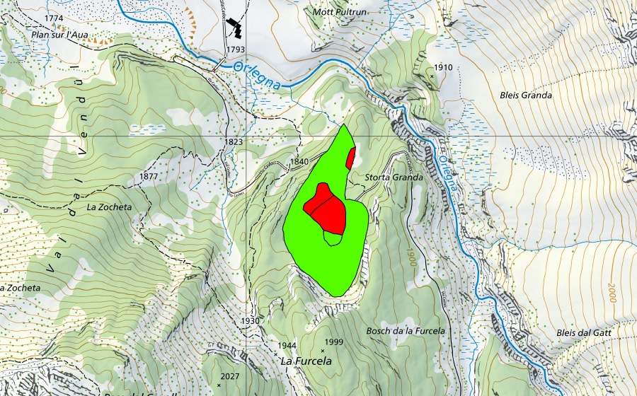 Carte nationale swisstopo avec le périmètre protégé de Bosch da la Furcela (Haut-marais)