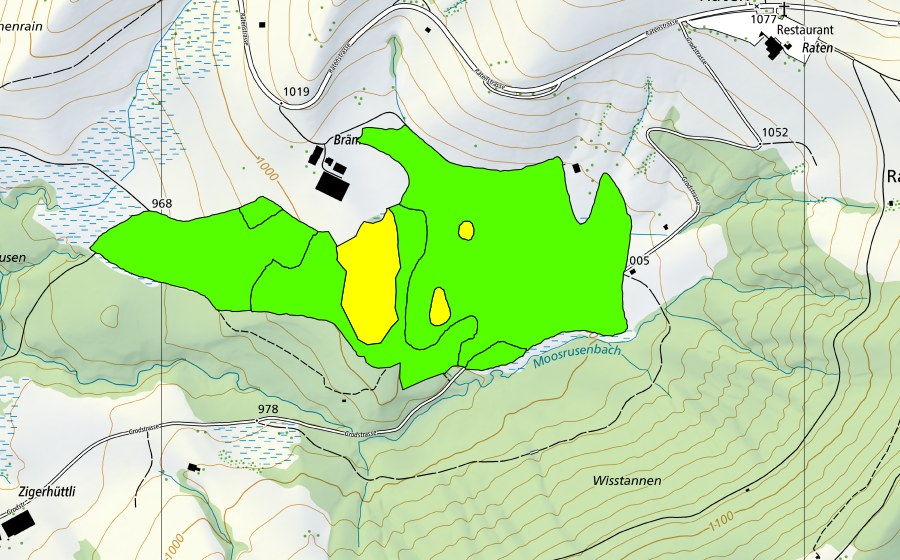 Landeskarte swisstopo mit dem Schutzperimeter von Brämenegg/Furen (Hochmoor)