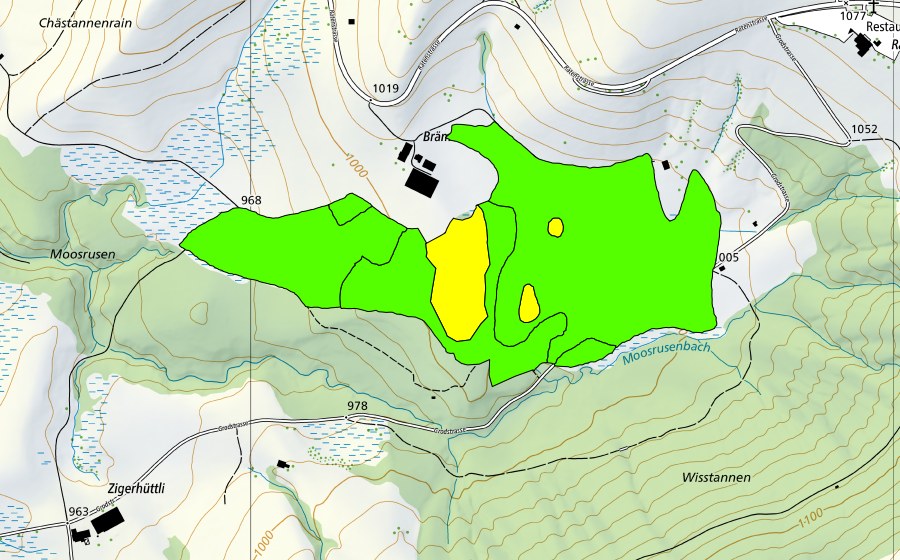 Landeskarte swisstopo mit dem Schutzperimeter von Brämenegg/Furen (Hochmoor)