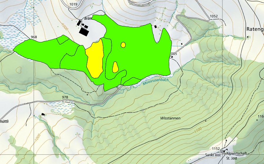Landeskarte swisstopo mit dem Schutzperimeter von Brämenegg/Furen (Hochmoor)