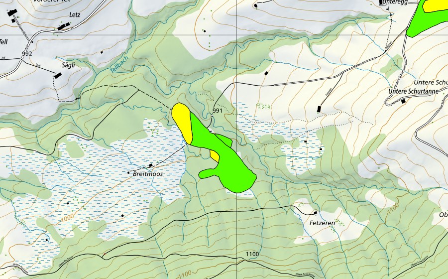 swisstopo national map showing the protected perimeter of Breitmoos (Raised bog)