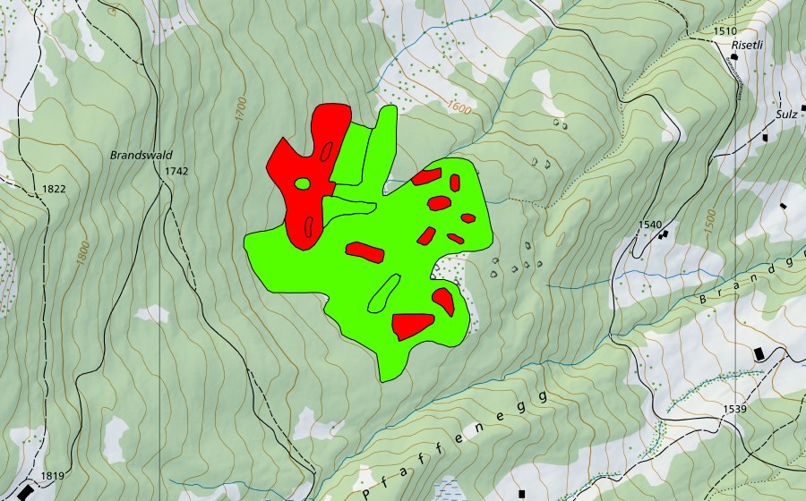 swisstopo national map showing the protected perimeter of Breitmoos (Raised bog)