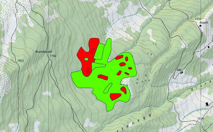 swisstopo national map showing the protected perimeter of Breitmoos (Raised bog)