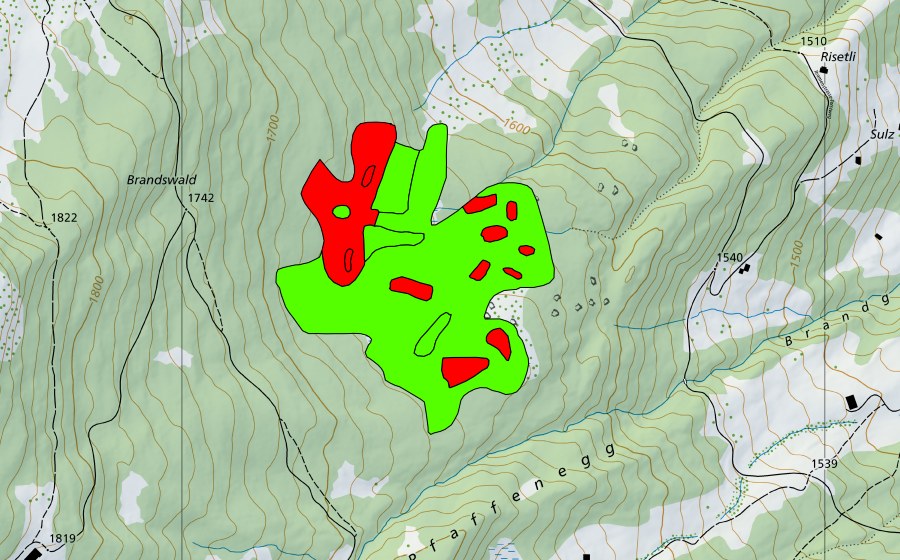 Carte nationale swisstopo avec le périmètre protégé de Breitmoos (Haut-marais)