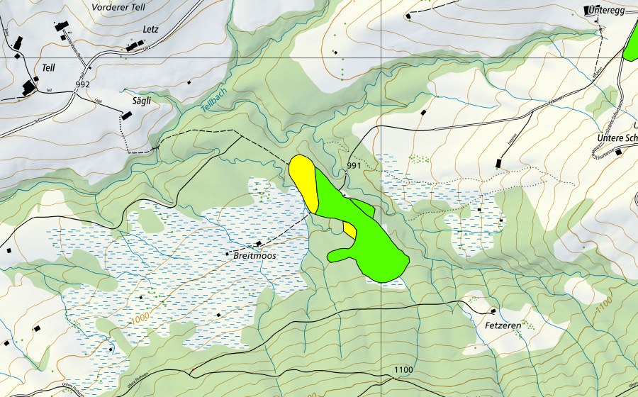 Landeskarte swisstopo mit dem Schutzperimeter von Breitmoos (Hochmoor)