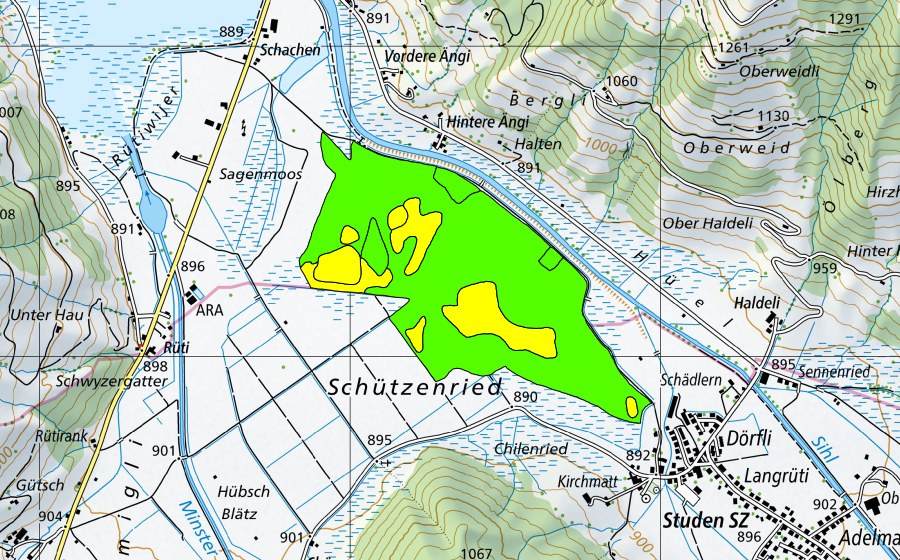 swisstopo national map showing the protected perimeter of Breitried (Raised bog)