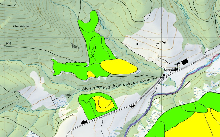 swisstopo national map showing the protected perimeter of Breitried (Raised bog)
