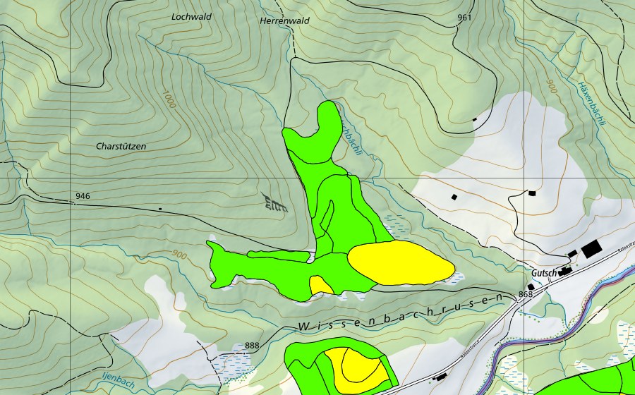 swisstopo national map showing the protected perimeter of Breitried (Raised bog)