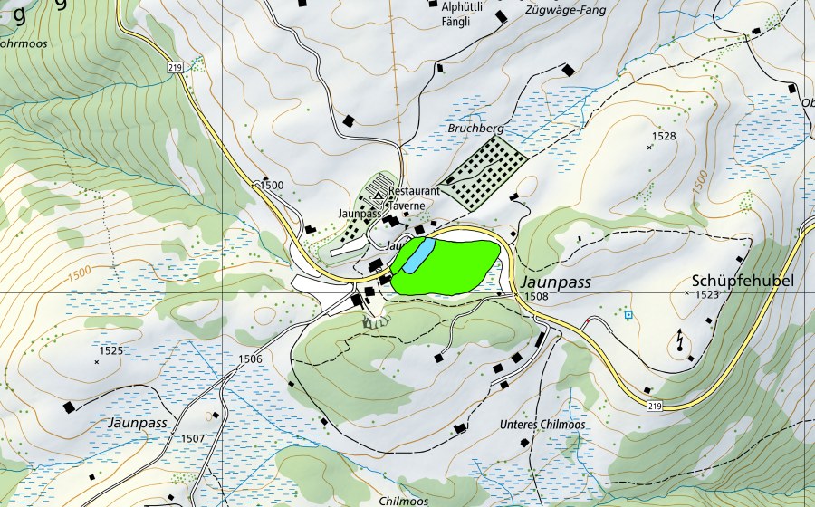 Landeskarte swisstopo mit dem Schutzperimeter von Bruchsee auf dem Jaunpass (Hochmoor)