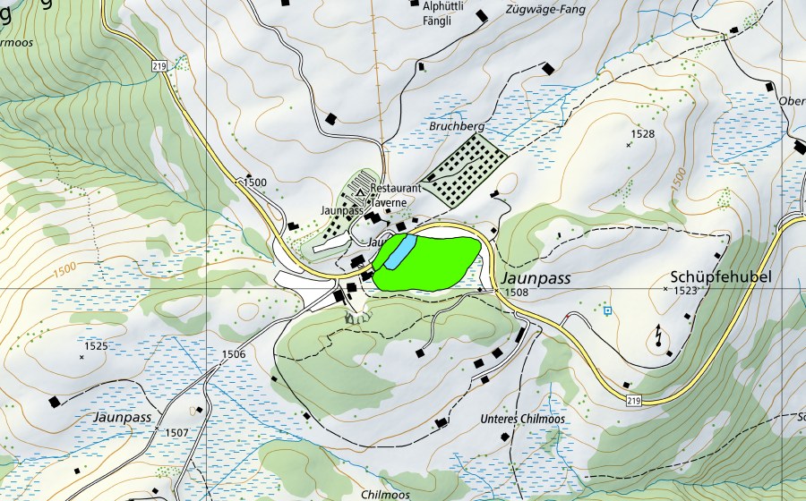 Landeskarte swisstopo mit dem Schutzperimeter von Bruchsee auf dem Jaunpass (Hochmoor)