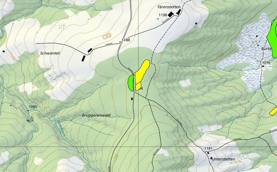 Carte nationale swisstopo avec le périmètre protégé de Bruggerenwald (Haut-marais)