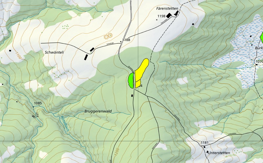 Landeskarte swisstopo mit dem Schutzperimeter von Bruggerenwald (Hochmoor)