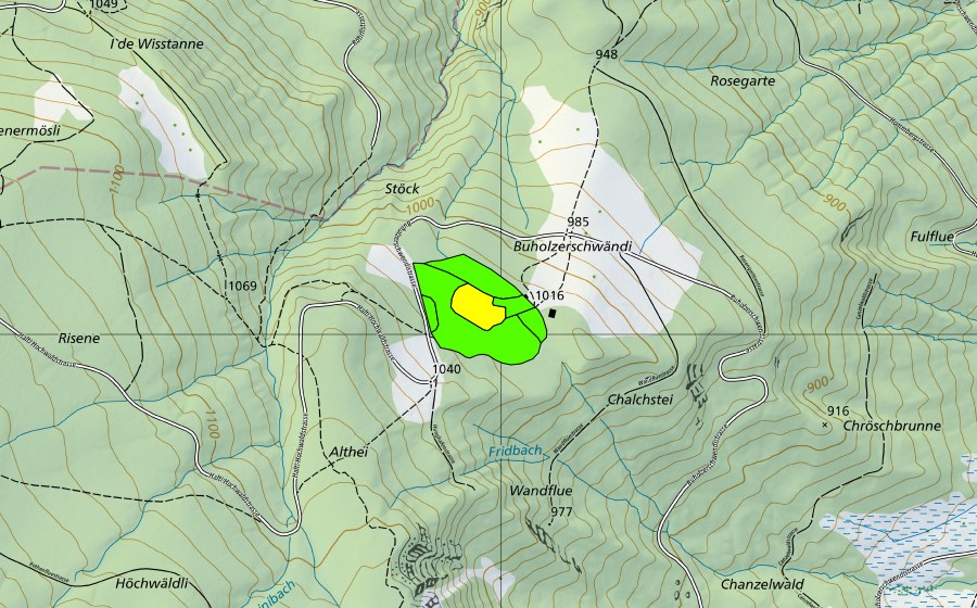 swisstopo national map showing the protected perimeter of Buholzer Schwändi (Raised bog)