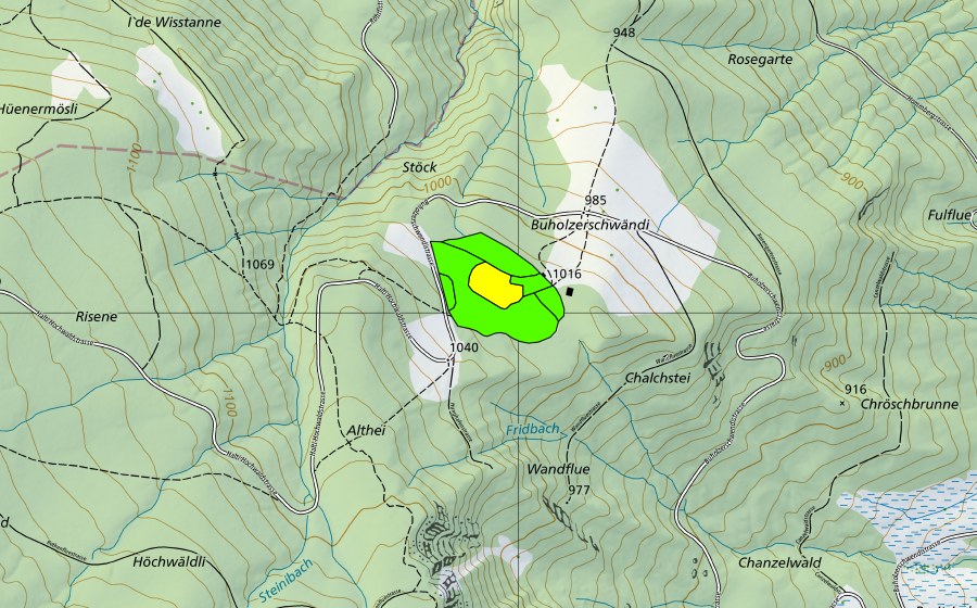 Carte nationale swisstopo avec le périmètre protégé de Buholzer Schwändi (Haut-marais)