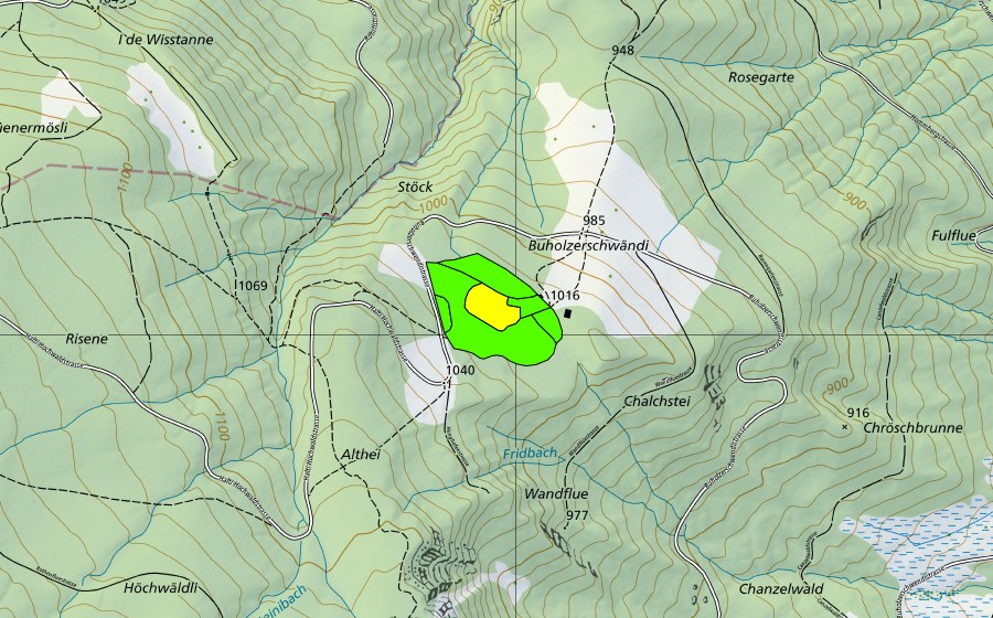 Carte nationale swisstopo avec le périmètre protégé de Buholzer Schwändi (Haut-marais)