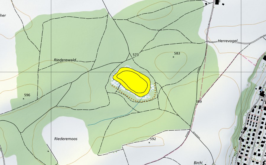 swisstopo national map showing the protected perimeter of Büsselimoos (Raised bog)