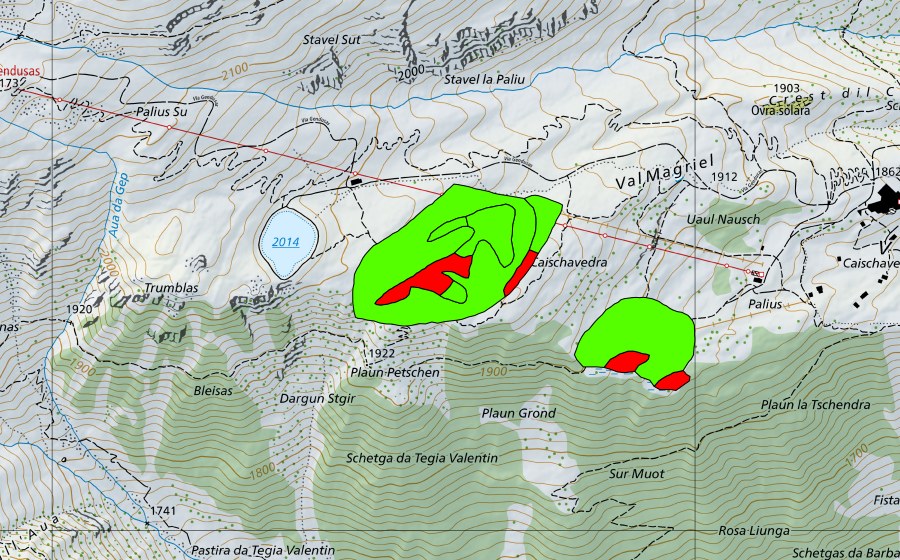 swisstopo national map showing the protected perimeter of Caischavedra (Raised bog)