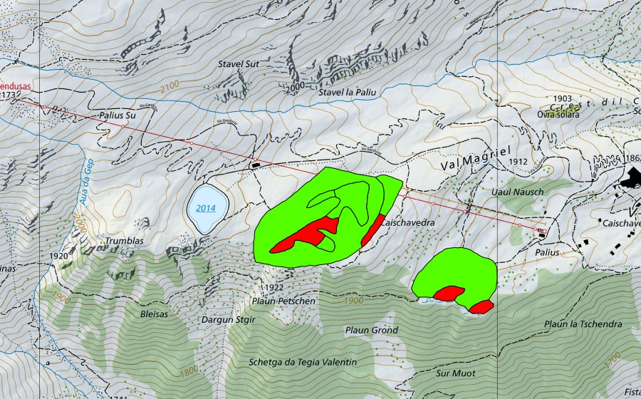 swisstopo national map showing the protected perimeter of Caischavedra (Raised bog)