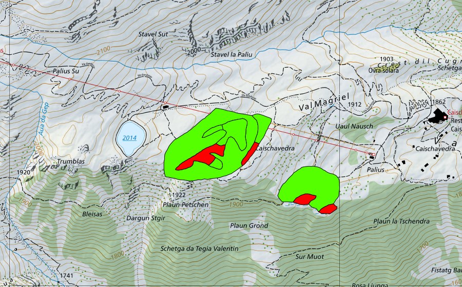 Carte nationale swisstopo avec le périmètre protégé de Caischavedra (Haut-marais)