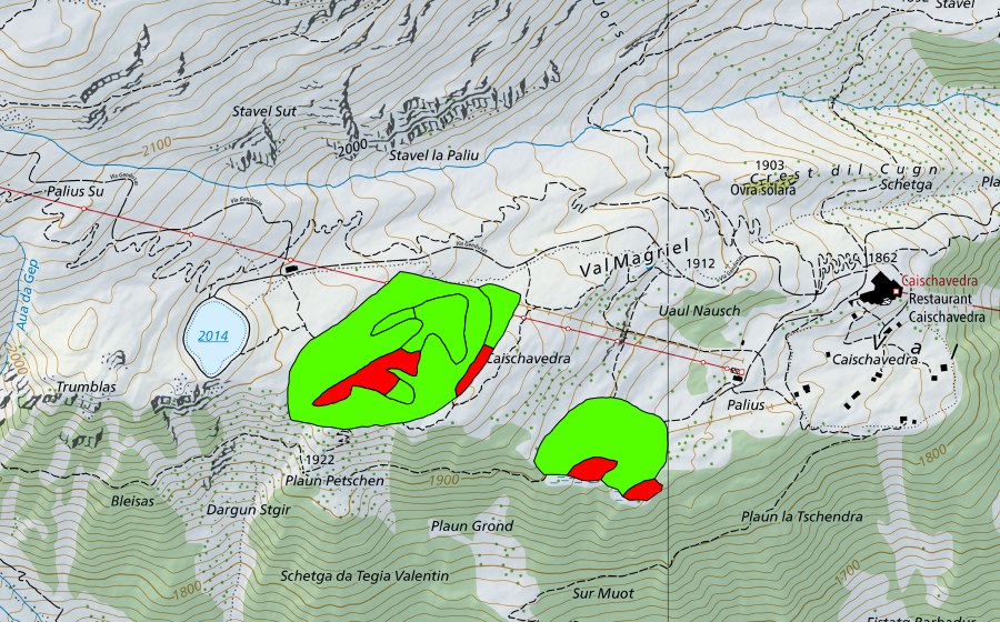 Carte nationale swisstopo avec le périmètre protégé de Caischavedra (Haut-marais)