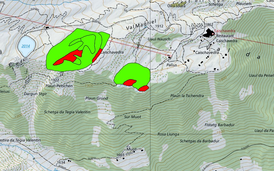 Carte nationale swisstopo avec le périmètre protégé de Caischavedra (Haut-marais)