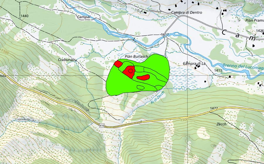 Carte nationale swisstopo avec le périmètre protégé de Campra di là (Haut-marais)