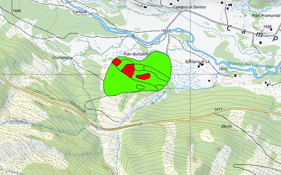 swisstopo national map showing the protected perimeter of Campra di là (Raised bog)