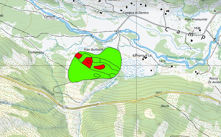 swisstopo national map showing the protected perimeter of Campra di là (Raised bog)