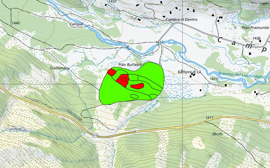 Landeskarte swisstopo mit dem Schutzperimeter von Campra di là (Hochmoor)