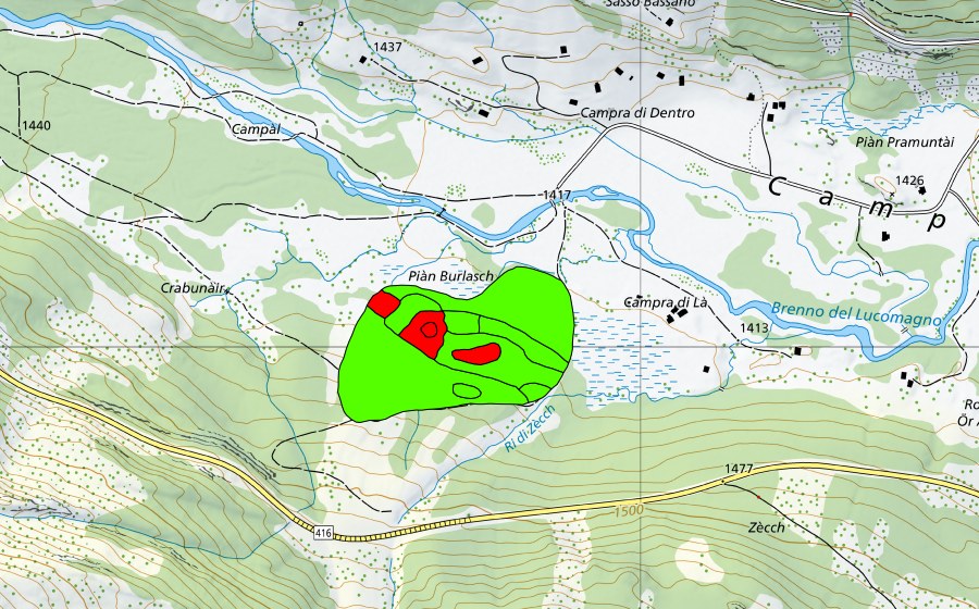 Carte nationale swisstopo avec le périmètre protégé de Campra di là (Haut-marais)