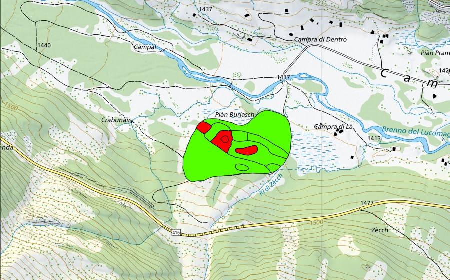 swisstopo national map showing the protected perimeter of Campra di là (Raised bog)