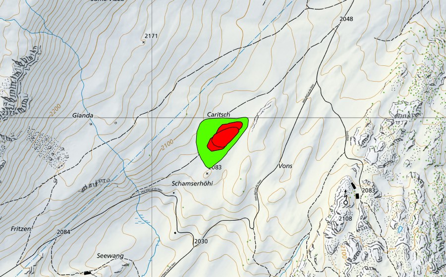 swisstopo national map showing the protected perimeter of Caritsch (Raised bog)
