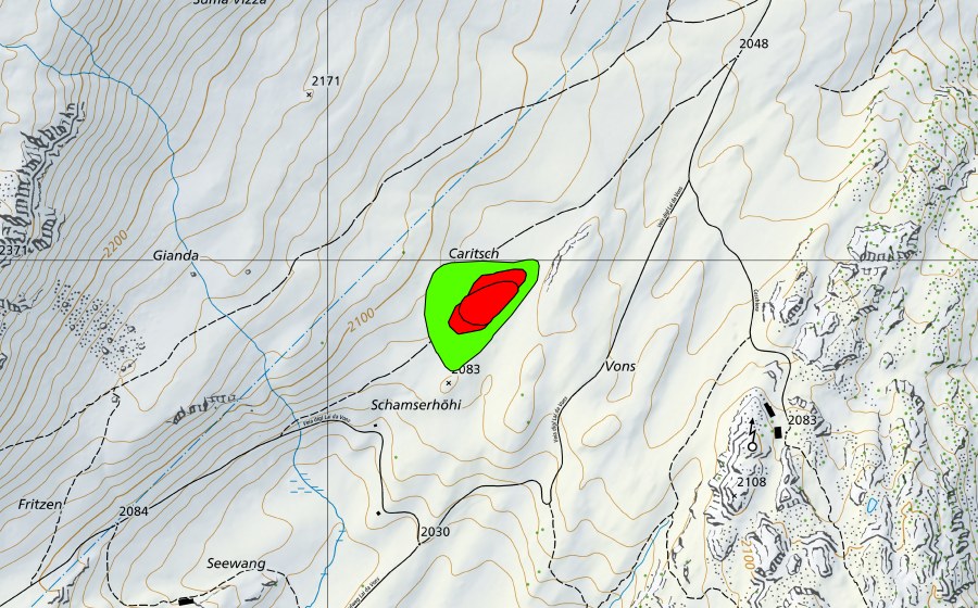 Landeskarte swisstopo mit dem Schutzperimeter von Caritsch (Hochmoor)