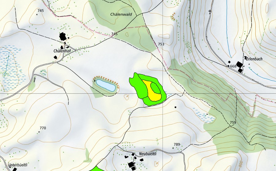 Carte nationale swisstopo avec le périmètre protégé de Chälenmoor (Haut-marais)