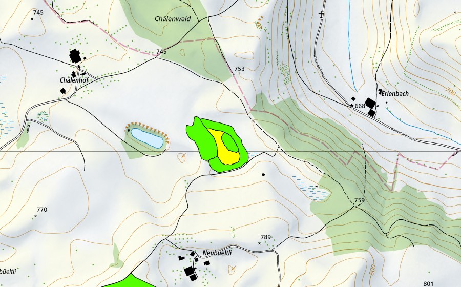 swisstopo national map showing the protected perimeter of Chälenmoor (Raised bog)