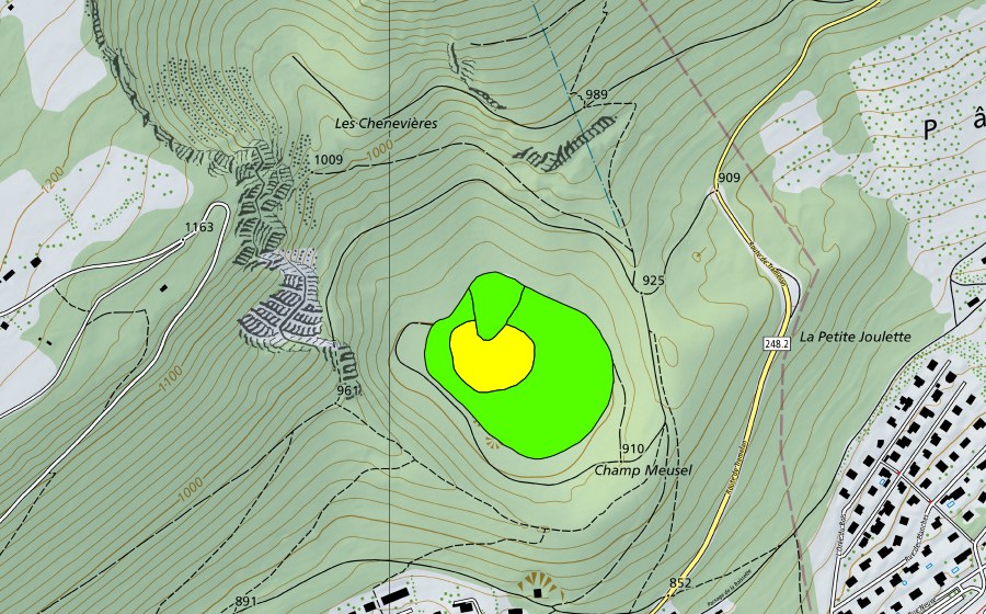 Carte nationale swisstopo avec le périmètre protégé de Champ Meusel (Haut-marais)