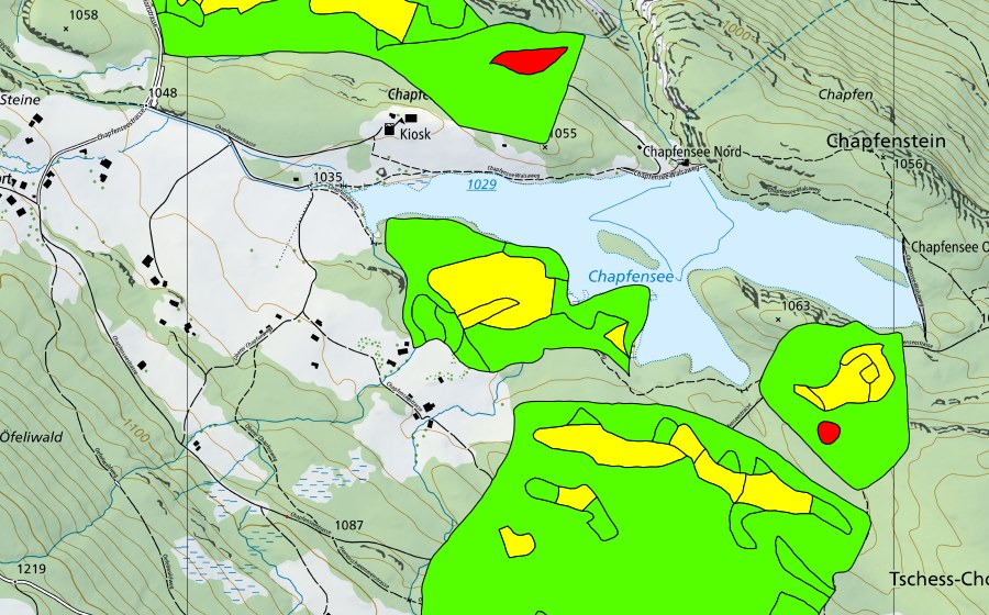 Carte nationale swisstopo avec le périmètre protégé de Chapfensee (Haut-marais)
