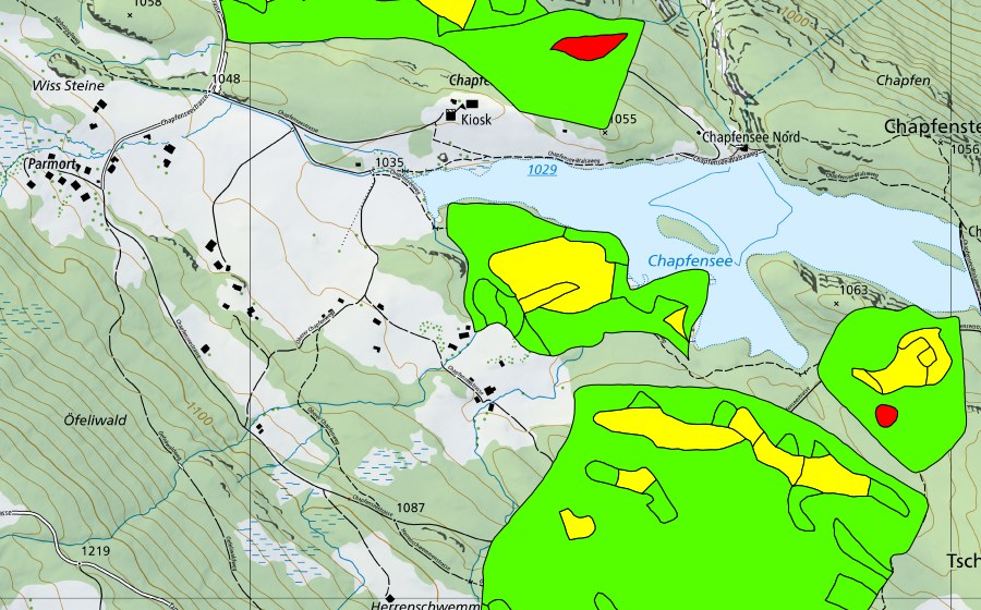 Carte nationale swisstopo avec le périmètre protégé de Chapfensee (Haut-marais)