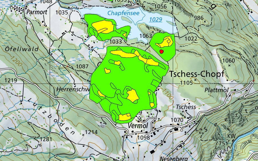 Landeskarte swisstopo mit dem Schutzperimeter von Chapfensee (Hochmoor)