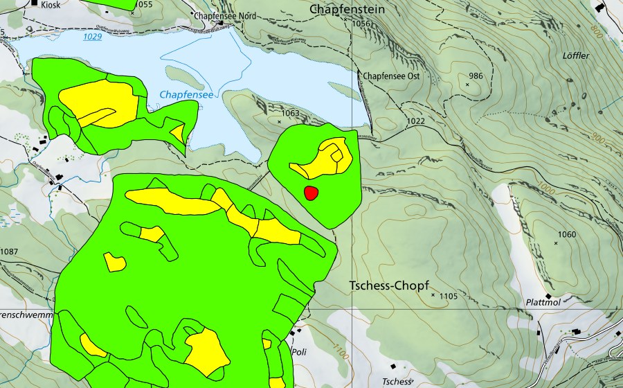 Carte nationale swisstopo avec le périmètre protégé de Chapfensee (Haut-marais)