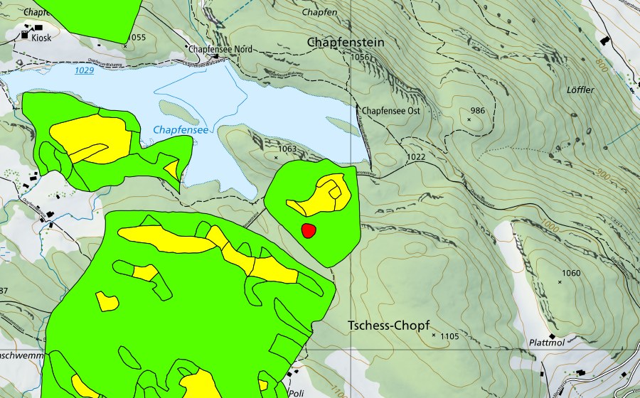 Landeskarte swisstopo mit dem Schutzperimeter von Chapfensee (Hochmoor)