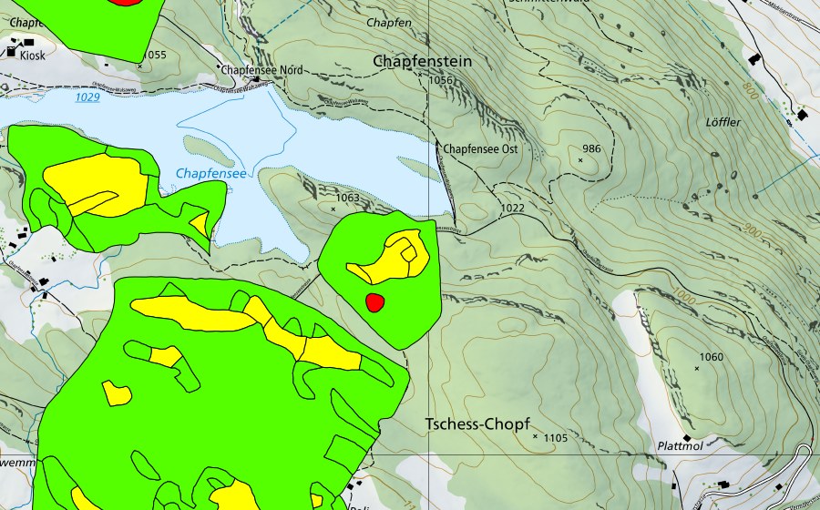 Carte nationale swisstopo avec le périmètre protégé de Chapfensee (Haut-marais)