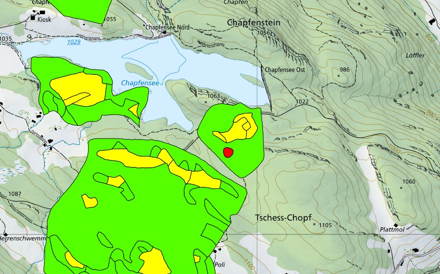 swisstopo national map showing the protected perimeter of Chapfensee (Raised bog)