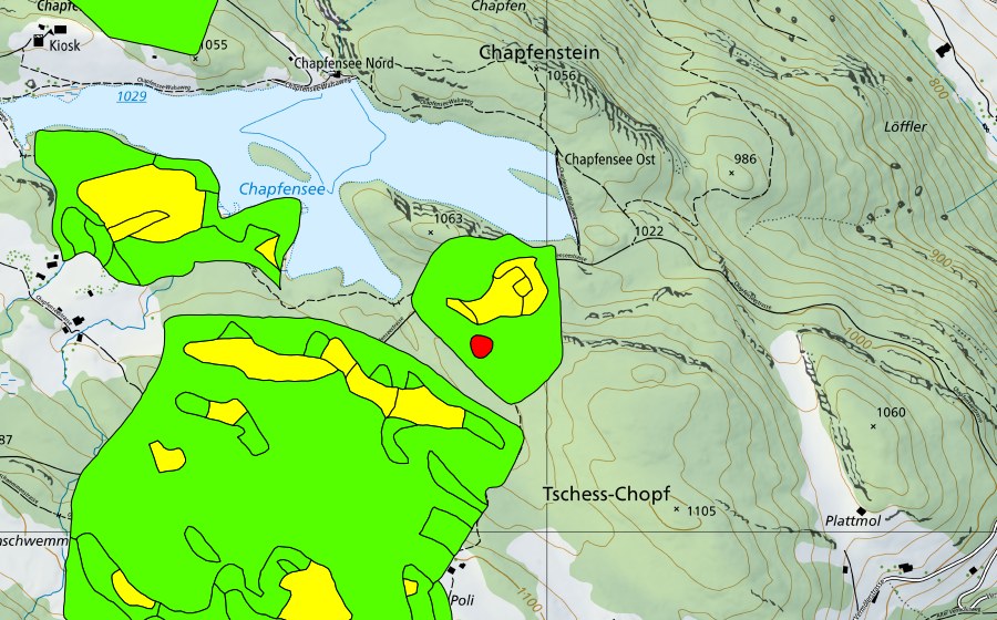 Landeskarte swisstopo mit dem Schutzperimeter von Chapfensee (Hochmoor)