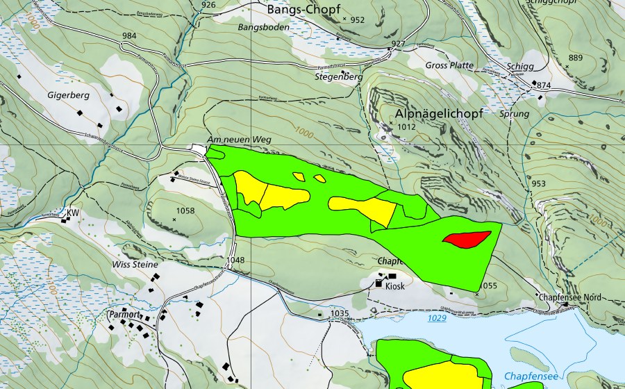 swisstopo national map showing the protected perimeter of Chapfensee (Raised bog)