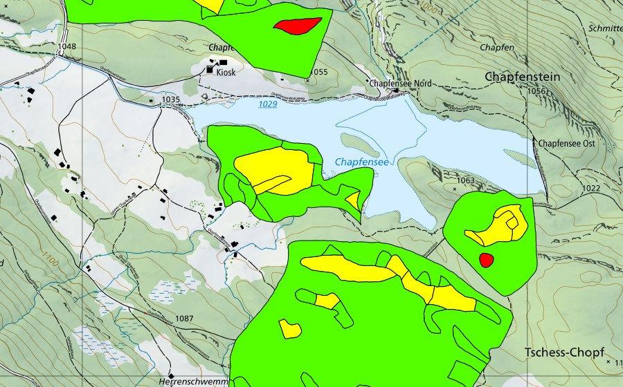 Landeskarte swisstopo mit dem Schutzperimeter von Chapfensee (Hochmoor)