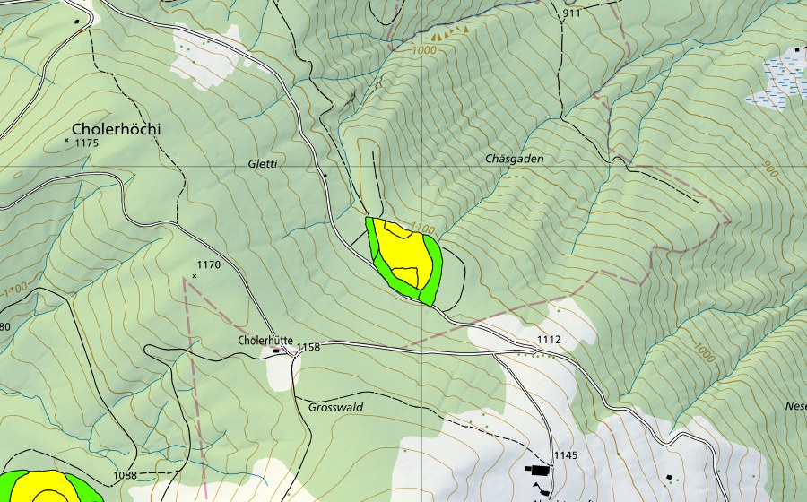 Landeskarte swisstopo mit dem Schutzperimeter von Chäsgaden (Hochmoor)
