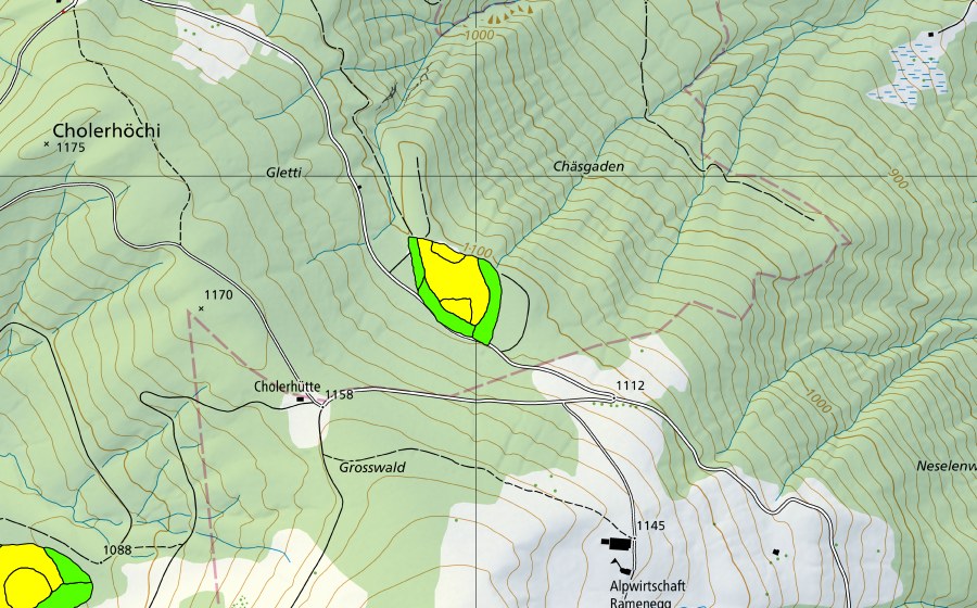 Landeskarte swisstopo mit dem Schutzperimeter von Chäsgaden (Hochmoor)